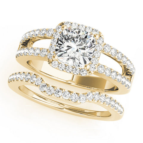 Yellow gold Cushion Halo Split Shank Diamond Ring with Four-Prong Setting 1