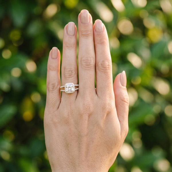 Yellow gold Cushion Halo Split Shank Diamond Ring with Four-Prong Setting