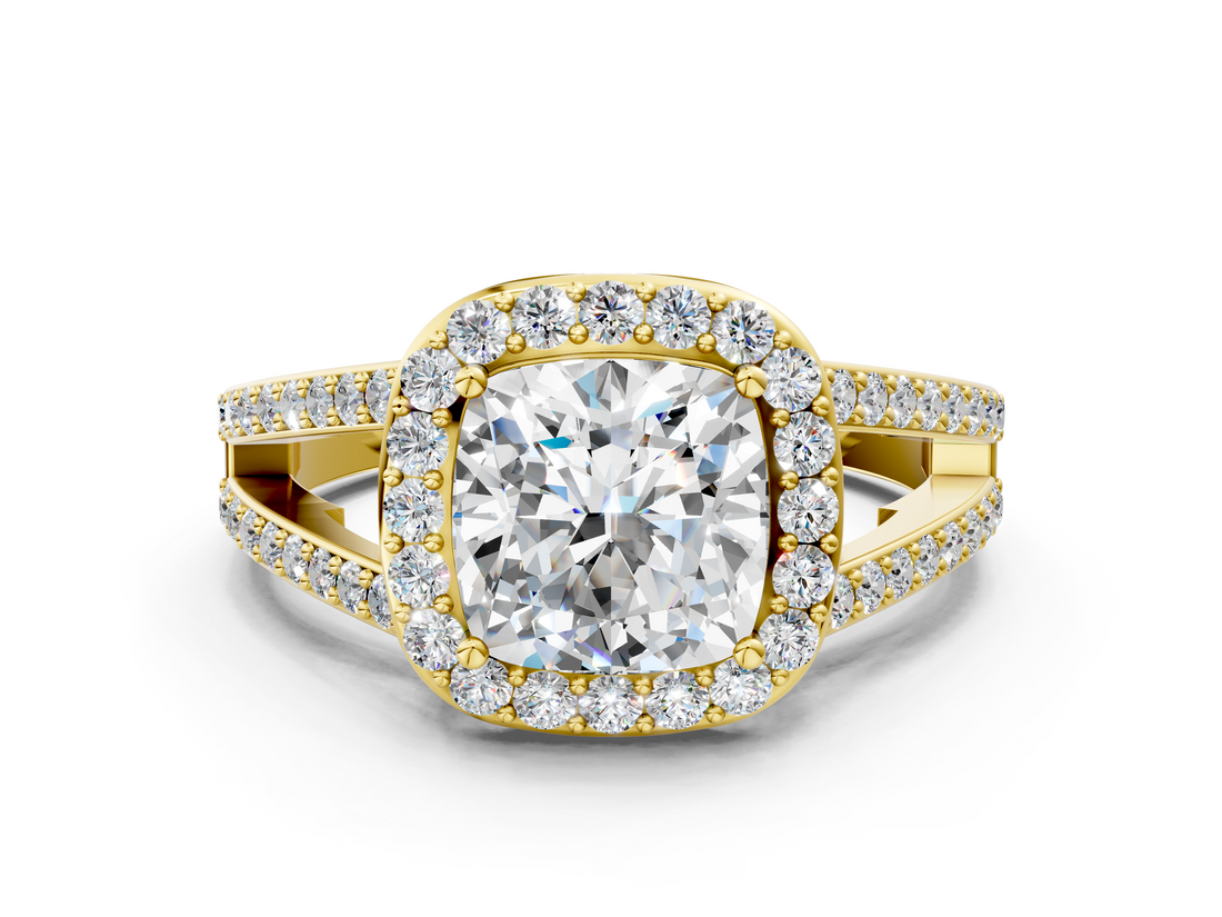 Yellow gold Cushion Halo Split Shank Diamond Ring with Four-Prong Setting_36
