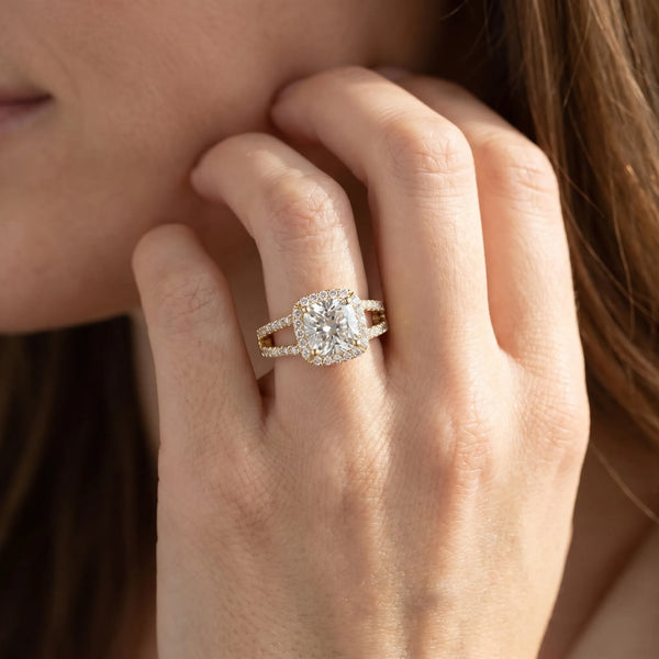 Yellow gold Cushion Halo Split Shank Diamond Ring with Four-Prong Setting