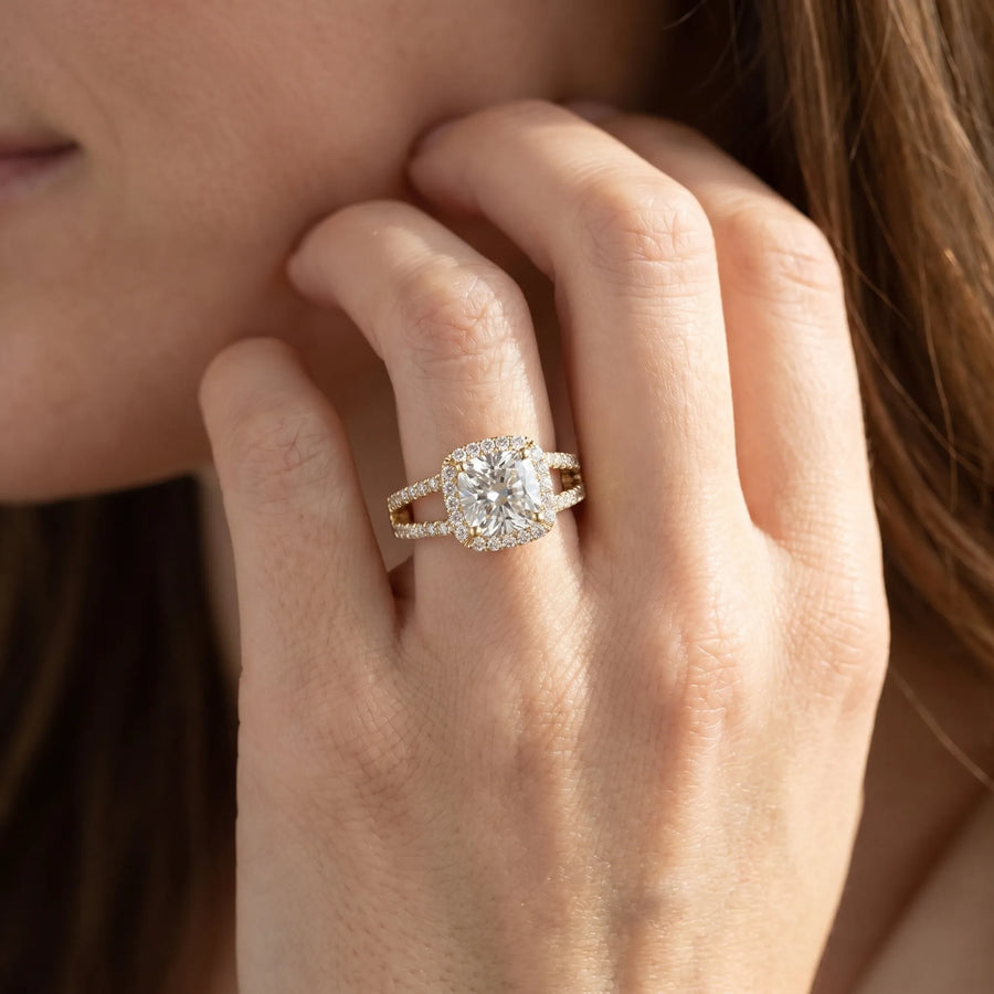 Yellow gold Cushion Halo Split Shank Diamond Ring with Four-Prong Setting