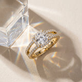 Yellow gold Cushion Halo Split Shank Diamond Ring with Four-Prong Setting_6