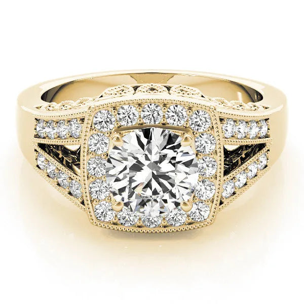 Yellow gold Cushion Halo Split Shank Diamond Ring with Milgrain Prong Setting