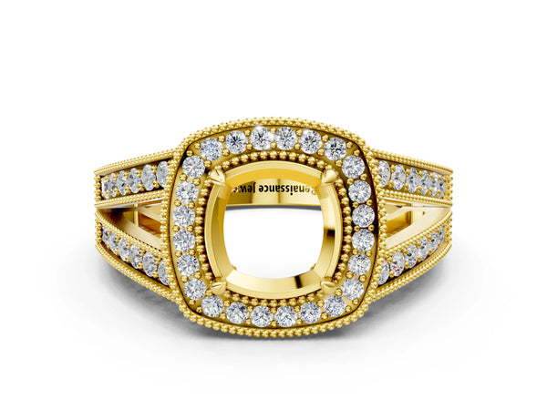 Yellow gold Cushion Halo Split Shank Diamond Ring with Milgrain Prong Setting