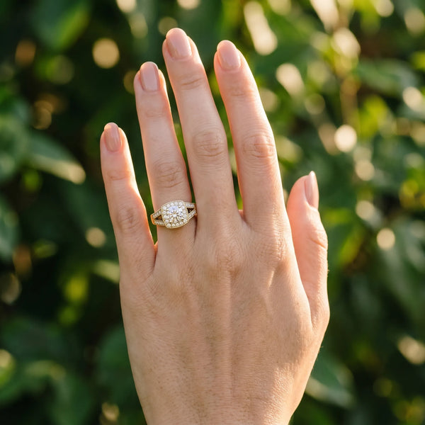 Yellow gold Cushion Halo Split Shank Diamond Ring with Milgrain Prong Setting