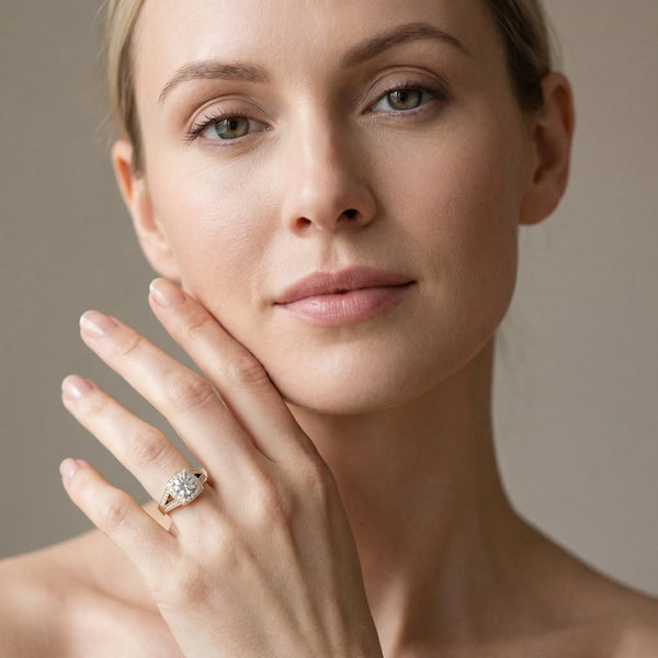 Yellow gold Cushion Halo Split Shank Diamond Ring with Milgrain Prong Setting