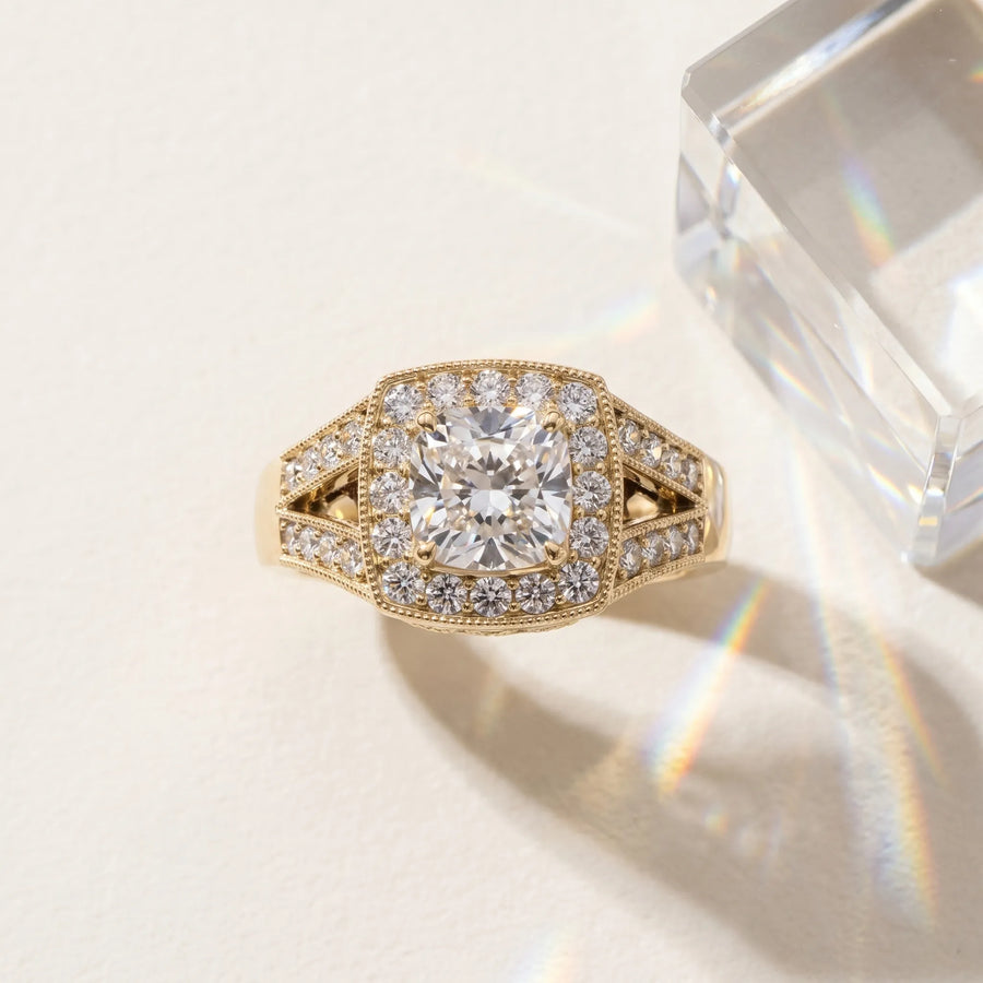 Yellow gold Cushion Halo Split Shank Diamond Ring with Milgrain Prong Setting