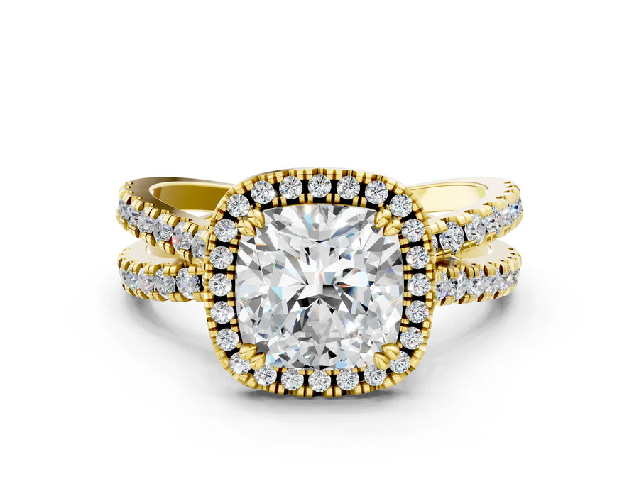 Yellow gold Cushion Halo Split Shank Diamond Ring with Pavé Setting