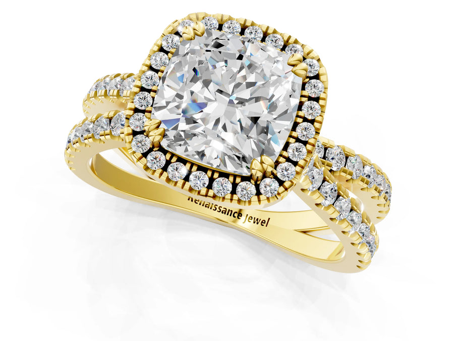 Yellow gold Cushion Halo Split Shank Diamond Ring with Pavé Setting