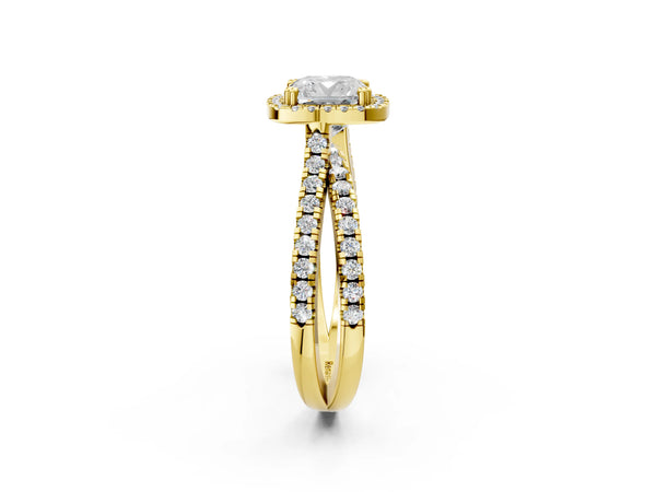 Yellow gold Cushion Halo Split Shank Diamond Ring with Pavé Setting