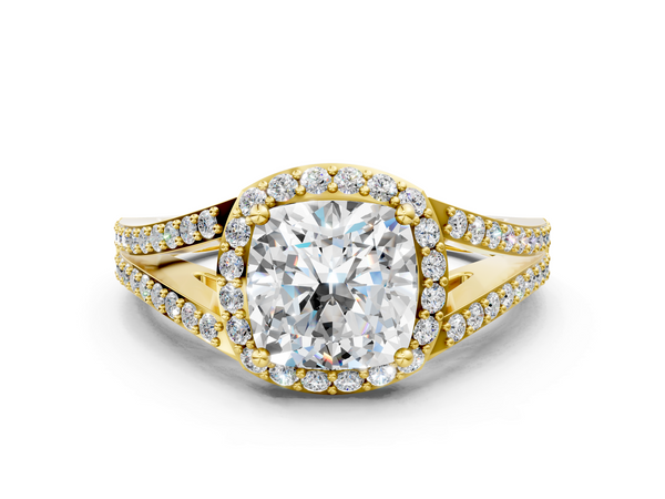 Yellow Gold Cushion Cut Halo Engagement Ring Setting with Pave Split Shank