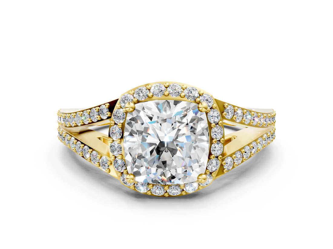 Yellow gold Cushion Halo Split Shank Pave Diamond Ring with Four-Prong Setting_48