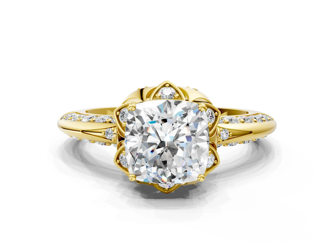 Yellow gold Cushion Halo Split Shank Pave Diamond Ring with Petal Prong Setting_32
