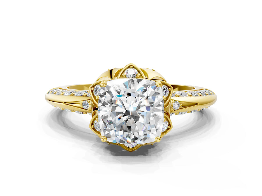 Yellow gold Cushion Halo Split Shank Pave Diamond Ring with Petal Prong Setting