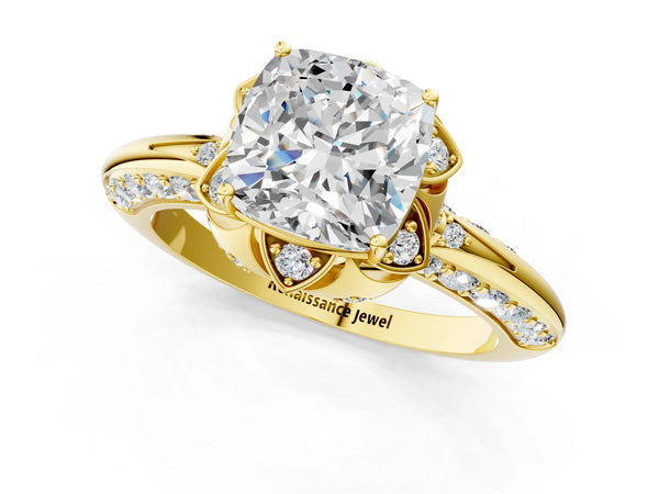 Yellow gold Cushion Halo Split Shank Pave Diamond Ring with Petal Prong Setting