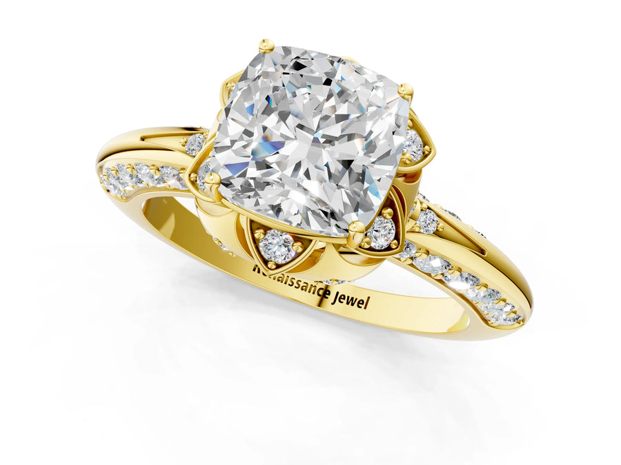 Yellow gold Cushion Halo Split Shank Pave Diamond Ring with Petal Prong Setting