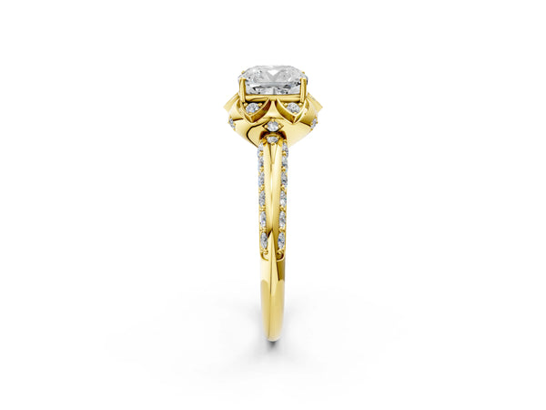 Yellow gold Cushion Halo Split Shank Pave Diamond Ring with Petal Prong Setting