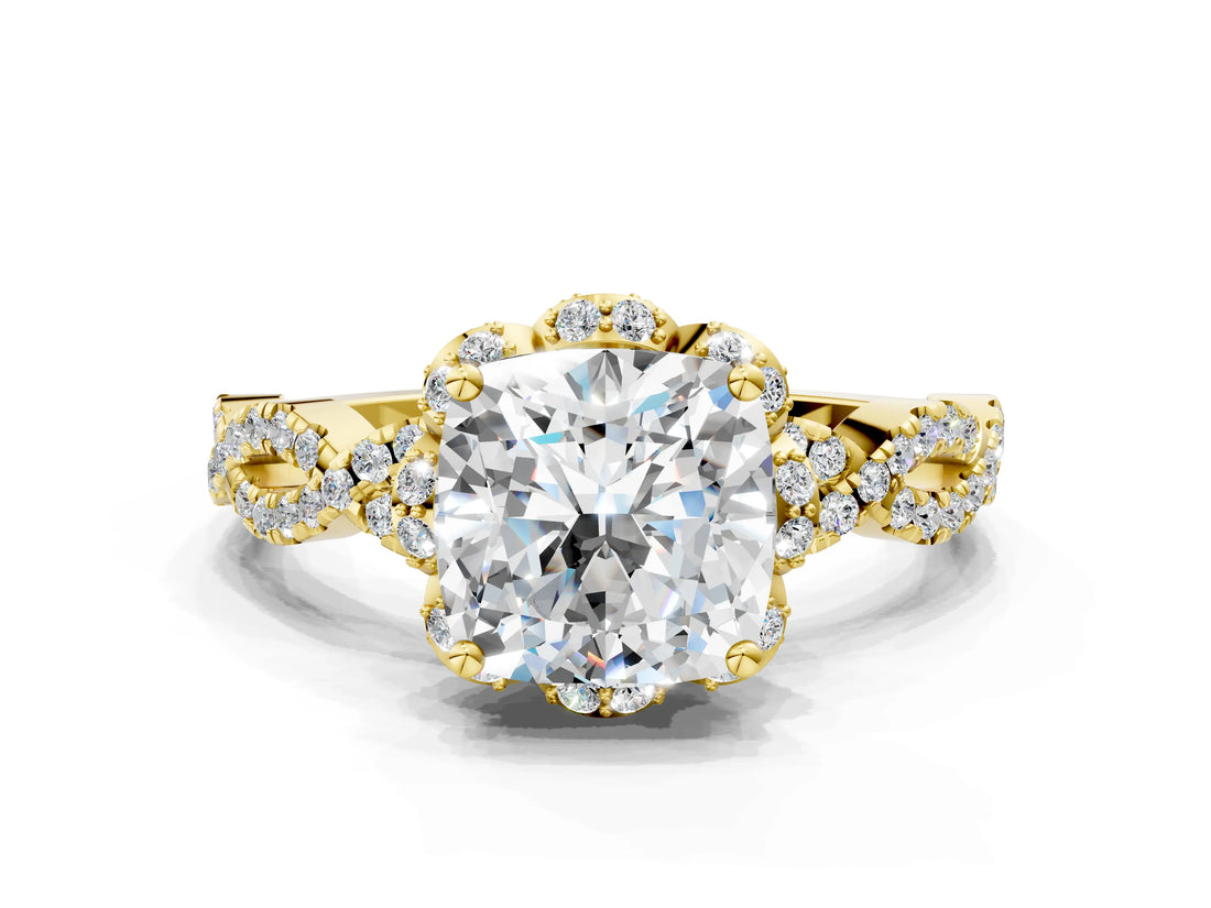 Yellow gold Cushion Halo Twist Band Solitaire Ring with Six-Prong Setting_37