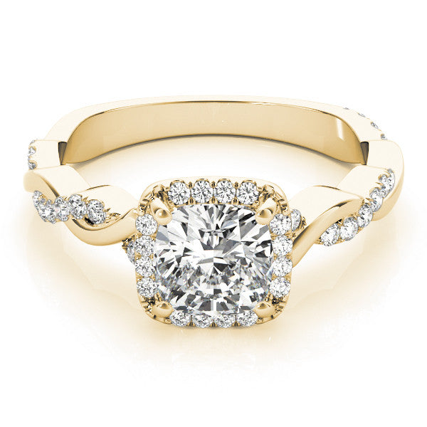 Yellow gold Radiant Cut Halo Twist Band with Four-Prong Setting