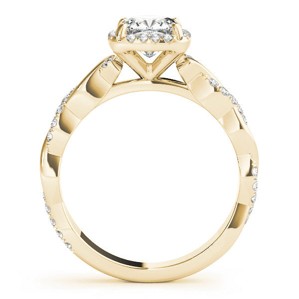 Yellow gold Radiant Cut Halo Twist Band with Four-Prong Setting