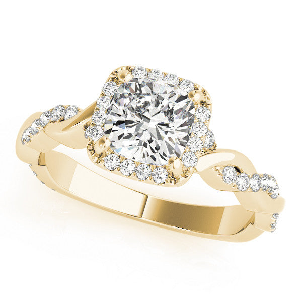 Yellow gold Radiant Cut Halo Twist Band with Four-Prong Setting