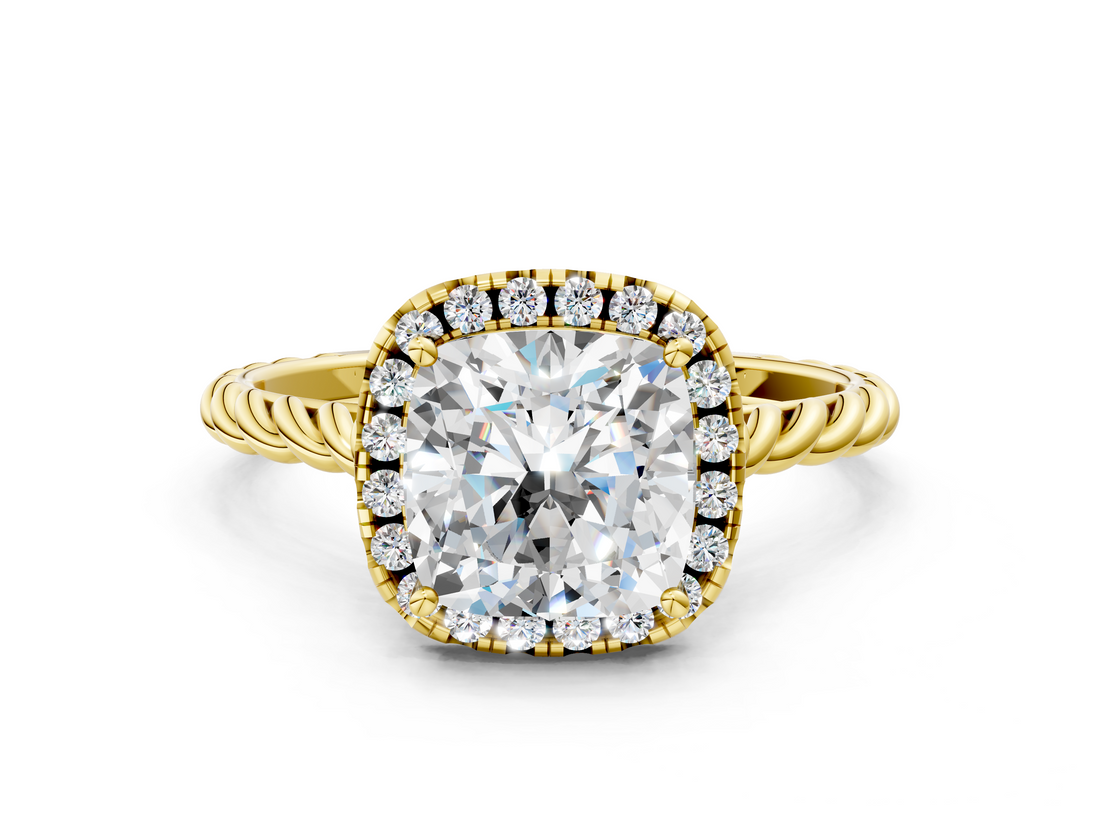 Yellow gold Cushion Halo Twisted Band Four-Prong Diamond Ring_19