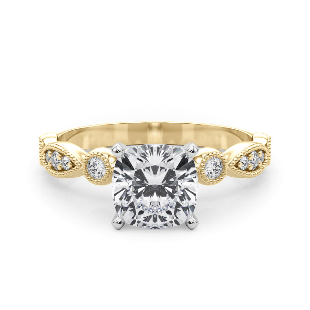 Yellow gold Cushion Milgrain Bezel Diamond Engagement Ring with Solitaire Prong Setting 1