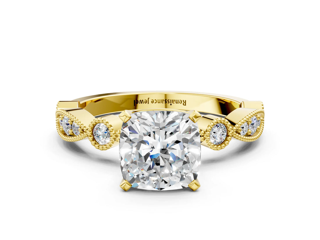 Yellow gold Cushion Milgrain Bezel Diamond Engagement Ring with Solitaire Prong Setting_173