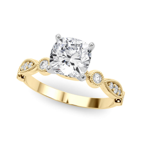 Yellow gold Cushion Milgrain Bezel Diamond Engagement Ring with Solitaire Prong Setting