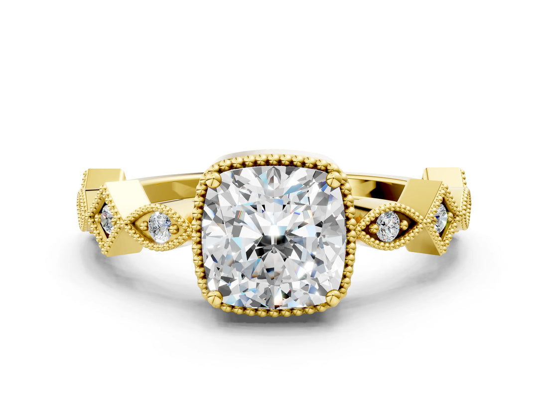 Yellow gold Cushion Milgrain Marquise Diamond Twist Band Ring_38