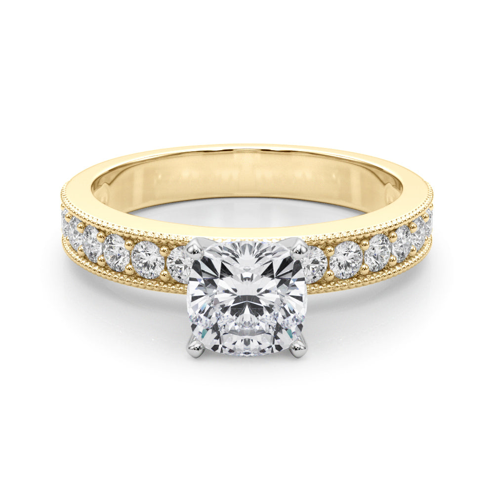 Yellow gold Cushion Milgrain Pave Diamond Engagement Ring with Four-Prong Setting 1