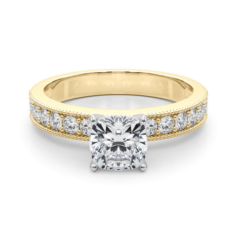 Yellow gold Cushion Milgrain Pave Diamond Engagement Ring with Four-Prong Setting 1