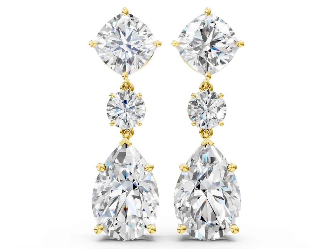Yellow gold Cushion, Round and Pear Diamond Three-Stone Drop Earrings
