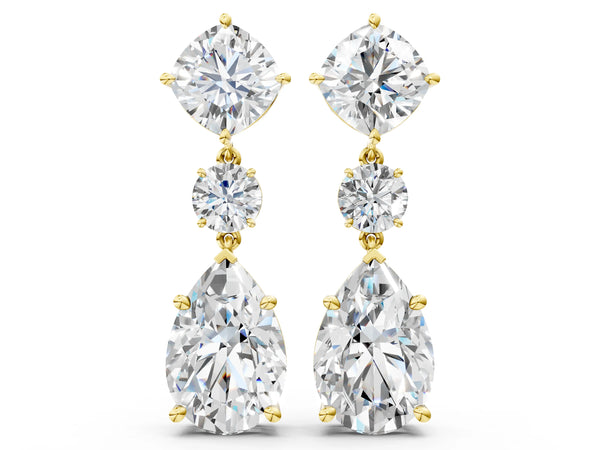 Yellow gold Cushion, Round and Pear Diamond Three-Stone Drop Earrings