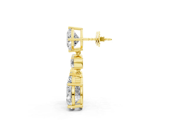 Yellow gold Cushion, Round and Pear Diamond Three-Stone Drop Earrings