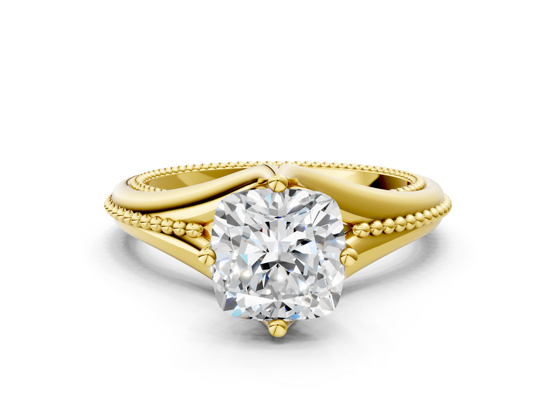Yellow gold Cushion Solitaire Beaded Band Six-Prong Setting_4