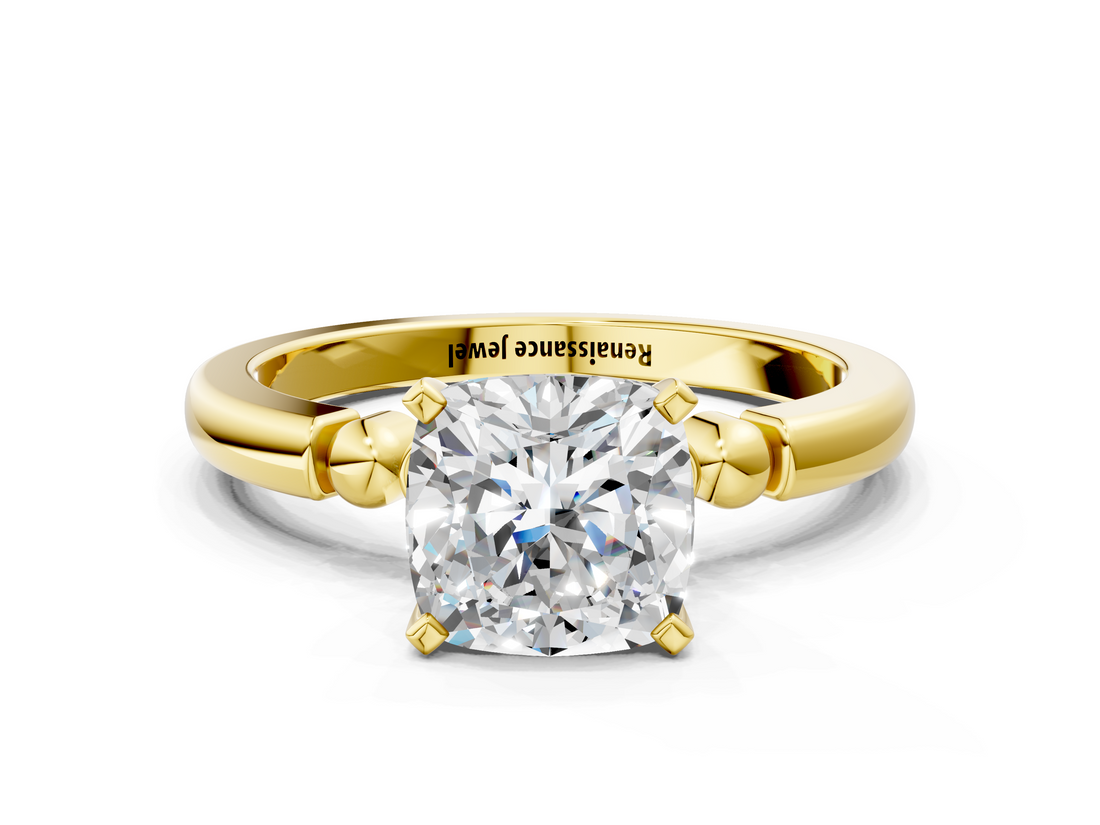 Yellow gold Cushion Solitaire Beaded Band with Four-Prong Setting_71