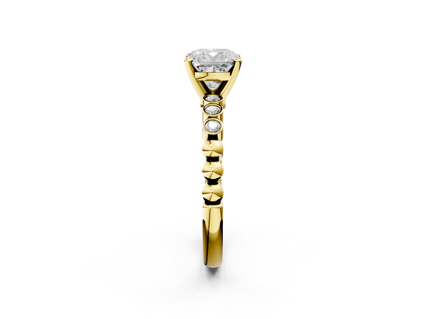 Yellow gold Cushion Solitaire Bezel Accent Diamond Engagement Ring with Beaded Band and Four-Prong Setting