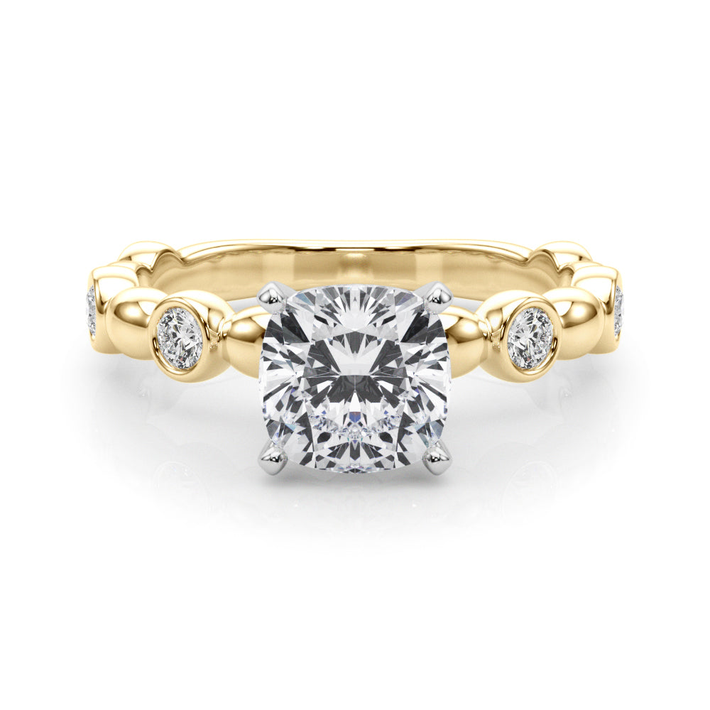 Yellow gold Cushion Solitaire Bezel-Set Diamond Ring with Beaded Band and Four-Prong Setting 1