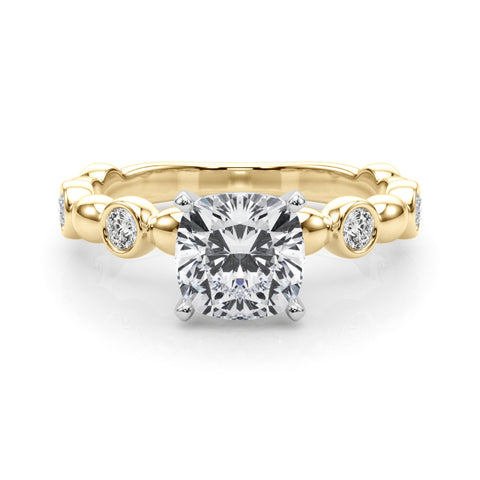 Yellow gold Cushion Solitaire Bezel-Set Diamond Ring with Beaded Band and Four-Prong Setting 1