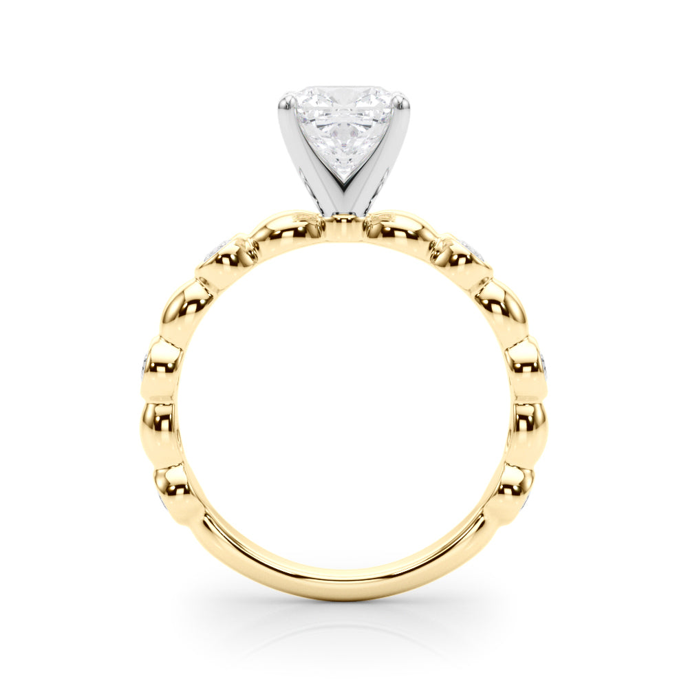 Yellow gold Cushion Solitaire Bezel-Set Diamond Ring with Beaded Band and Four-Prong Setting 2