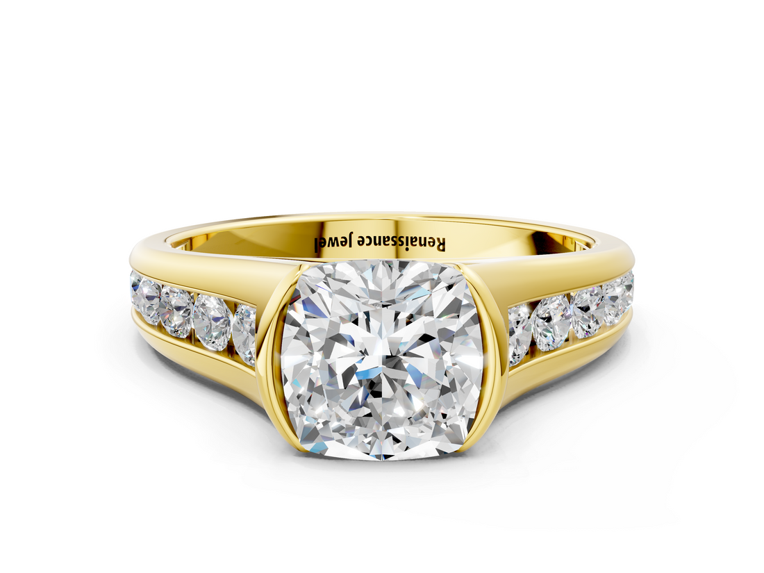 Yellow gold Cushion Solitaire Bezel-Set Diamond Ring with Channel-Set Band_40
