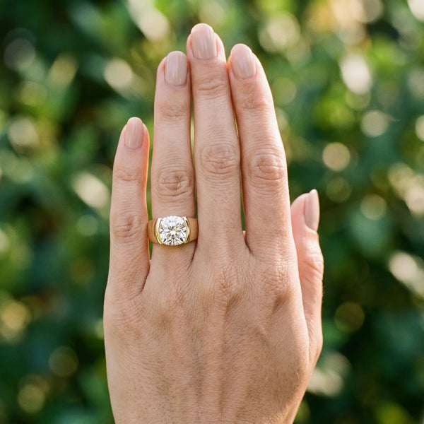 Yellow gold Cushion Solitaire Bezel Set Diamond Ring with Wide Band