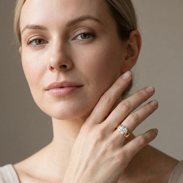 Yellow gold Cushion Solitaire Bezel Set Diamond Ring with Wide Band