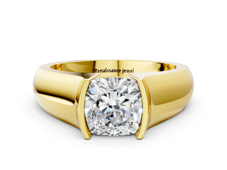 Yellow gold Cushion Solitaire Bezel Set Diamond Ring with Wide Band