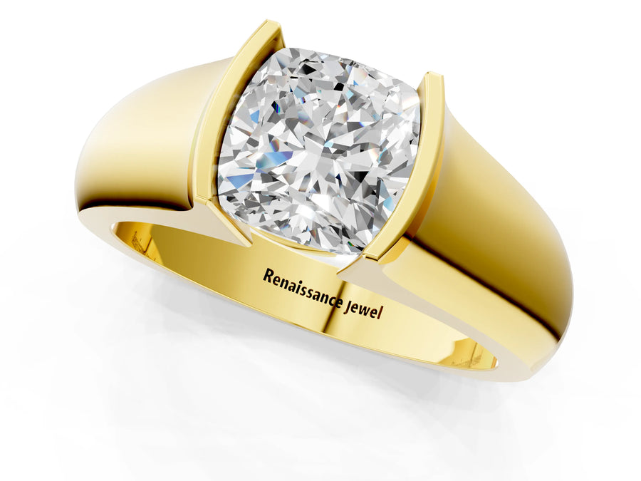 Yellow gold Cushion Solitaire Bezel Set Diamond Ring with Wide Band