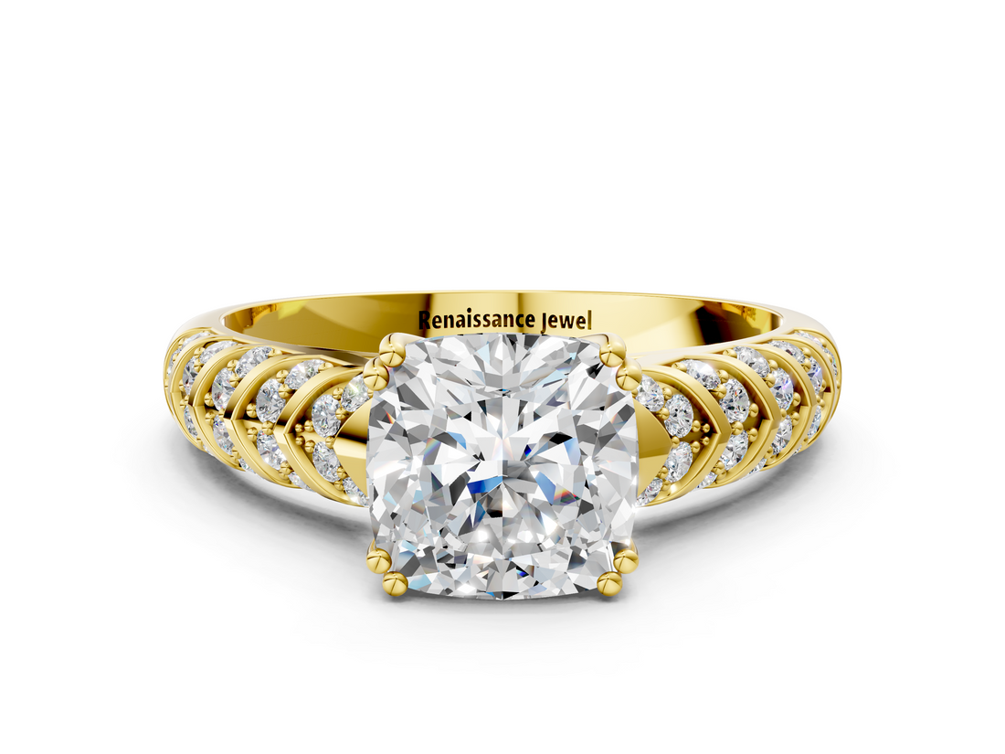 Yellow gold Cushion Solitaire Chevron Pave Diamond Engagement Ring with Six-Prong Setting_3