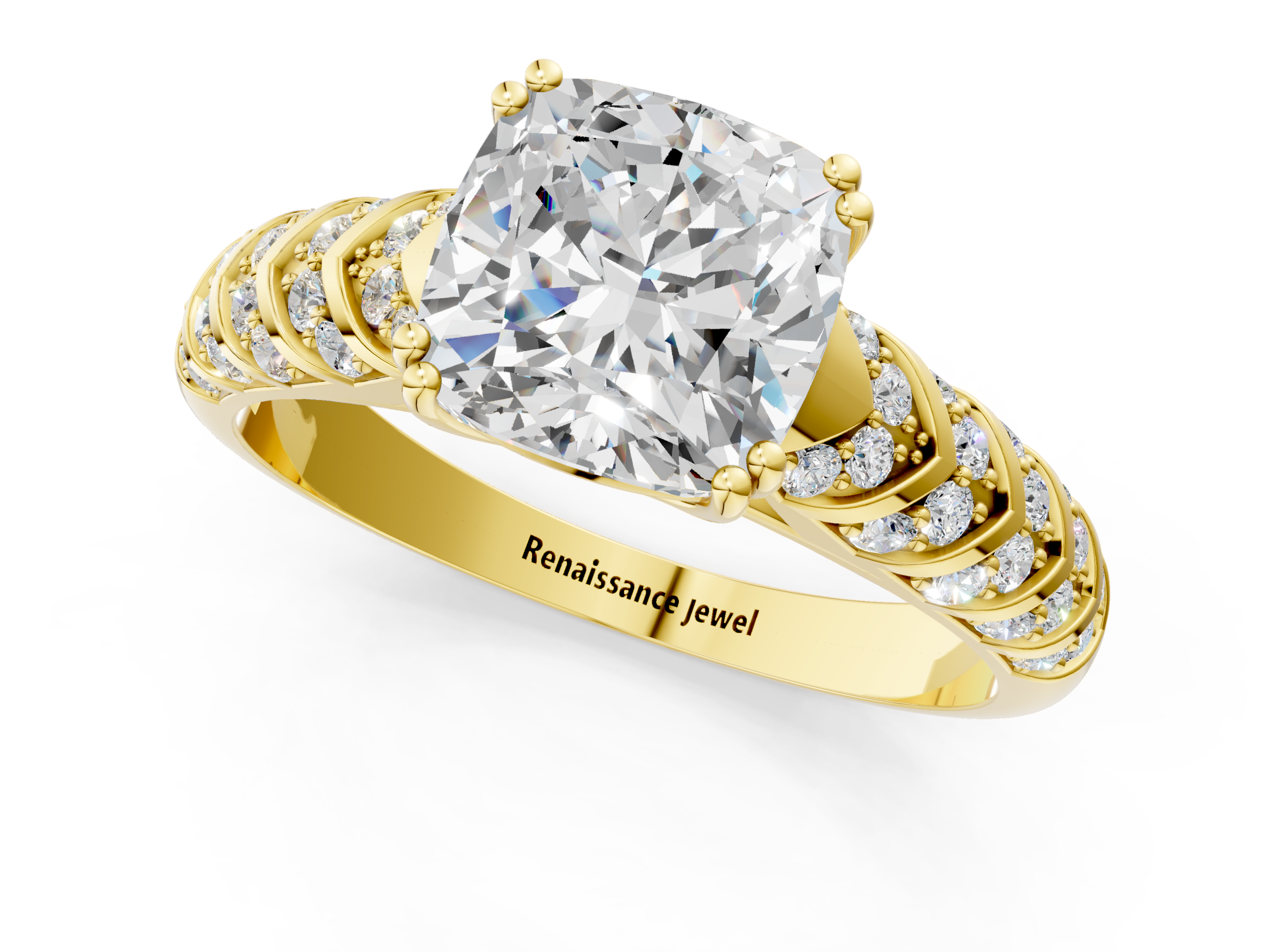 Yellow gold Cushion Solitaire Chevron Pave Diamond Engagement Ring with Six-Prong Setting_4