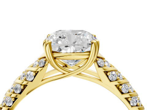 Yellow gold Cushion Solitaire Chevron Pave Diamond Engagement Ring with Six-Prong Setting_7