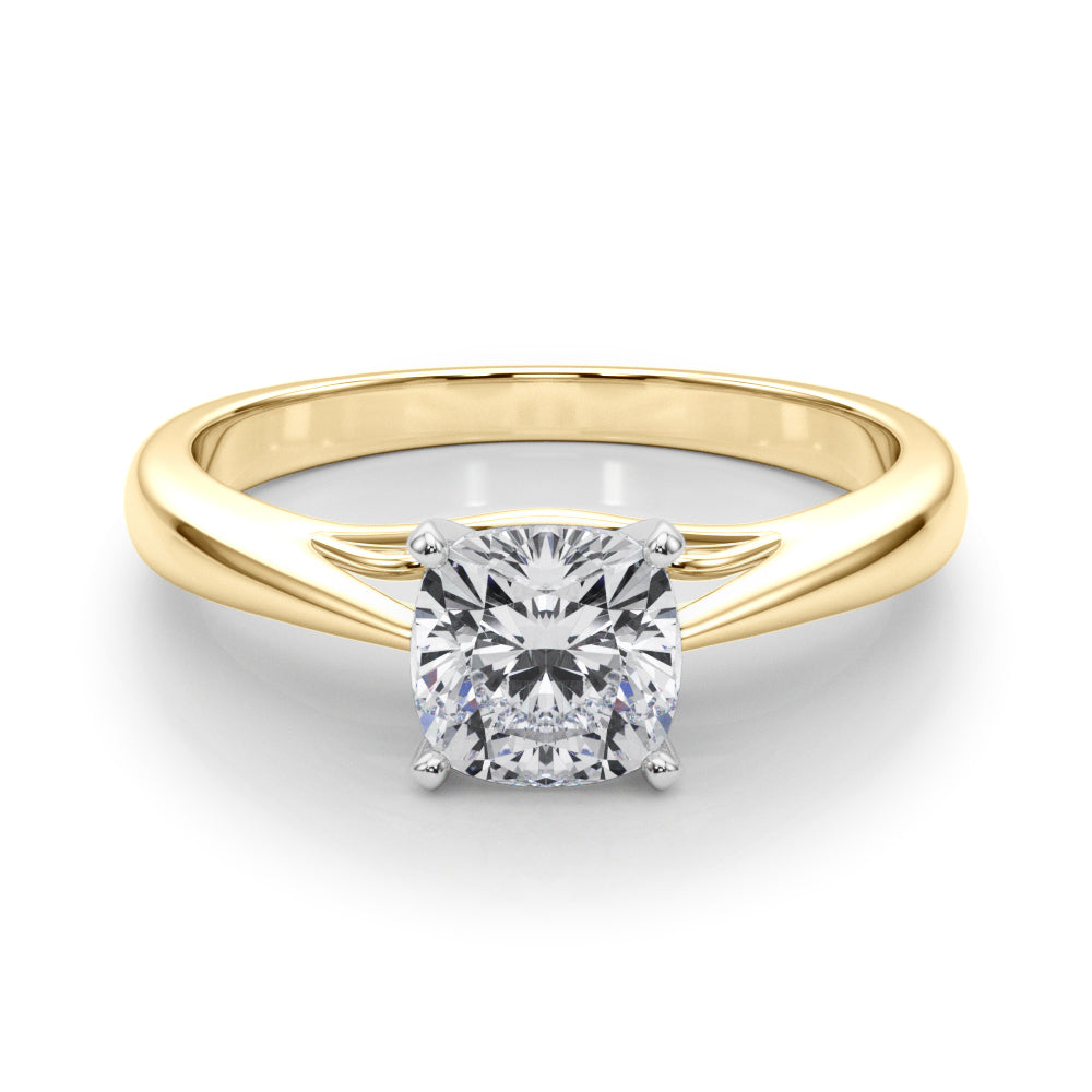 Yellow gold Cushion Solitaire Diamond Engagement Ring with Cathedral Setting and Four-Prong Mount on a Classic Band 1